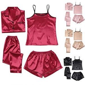 Ensembles de Pyjama Femme Satin Pyjama Femme 4 Pi&egrave;ces Printemps &Eacute;t&eacute; Ensemble Nuit en Satin avec Caraco Short Pantalon Long Chemise Boutonn&eacute;e Poche Poitrine Brod&eacute;e Lettre L&eacute;ger Respirant Loungewear (M) (Beythetly, neuf)