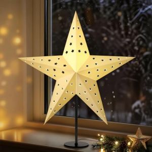 Lewondr Lampe Table Étoile De Noël En Papier 3D, 17,72" Étoile De Noël À 5 Pointes Ajourée Illuminée Avec Ampoule LED E14, Décoration Lumineuse Table Pour Fêtes Avec Base En Fer (Showmore EU, neuf)