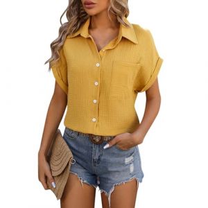 Chemisier Femme Manches Courtes Col V Boutons et Poches Chemise Gaze de Coton Blouse Femme Chic et élégant Tunique Lin Grande Taille Lâche Respirant Haut Ete, Jaune, XXL (Zawalud, neuf)