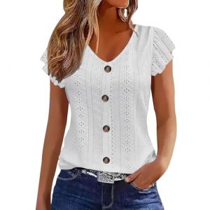Chemisiers Et Blouses Femme Tunique Chemisier Femme Manche Courte Chic Et &Eacute;L&eacute;Gant Chemises Couleur Unie &Eacute;T&eacute; Ample Haut Top &agrave; Revers L&acirc;Che Respirant Blouse Grande Taille Col V Button T Shirts (⭐⭐⭐⭐⭐5.0 Yaair-OEF, neuf)