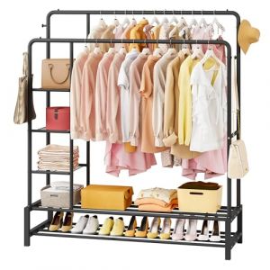 JOISCOPE Portant à Vêtements, Portant Vetement Solide Professionnel avec 2 Tringles de Suspension, 2 Organiseurs, 3 Étagères, 4 Crochets à Chapeau pour Vêtements, Chaussures, Sacs. Noir (HOMYTECH DEC, neuf)