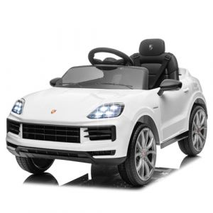 LALAHO Voiture V&eacute;hicule &eacute;lectrique Enfant 12V avec T&eacute;l&eacute;commande 2.4G Parentale Fournie-Effets Sonores, Lumineux - Porsche Cayenne Coupe (Blanc) (Sarefun, neuf)
