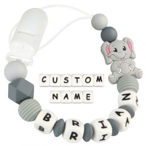Kowlone Attache Sucette Nom Personnalis&eacute; Prenom Silicones &Eacute;l&eacute;phant Attache T&eacute;tine en Clips Cha&icirc;ne pour B&eacute;b&eacute; Filles Gar&ccedil;ons(Gris) (Kowlone-EU, neuf)