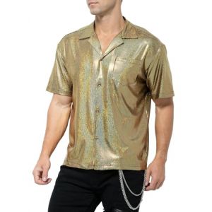 Casey Kevin Chemise Paillette Homme Tenue Disco Habillées Costume Col Pelle a Tarte T-Shirt Annee 80 Brillante Tenue de Soiree Vetement Clubwear Nuit de Fête (Casey-Kevin, neuf)