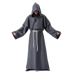 Myir JUN Deguisement Moine, Deguisement Halloween Homme Prêtre Médiéval Capot Encapuchonné Moine Costume avec Croix Renaissance Robe de Prêtre Halloween Robe (Gris, M) (Myir JUN-EU, neuf)