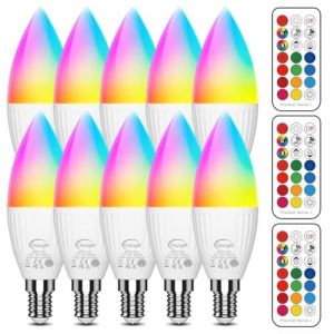 Ampoules LED E14 RGB, Ampoule LED en Forme de Bougie, 5 W (Remplace 40 W), Led Couleur Changement de Couleur Dimmable, Blanc Chaud 2700K, Avec T&eacute;l&eacute;commande, Lot de 10 (SiDell, neuf)