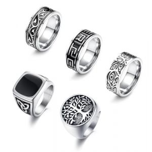 Kakonia 5 pièces Bague en Acier Inoxydable pour Hommes Set Bague de Signet Grec Pouce Argent Rétro Sculpture Celtique Bague de Bande Vintage Biker Set 60 (19.1) (Kakonia, neuf)