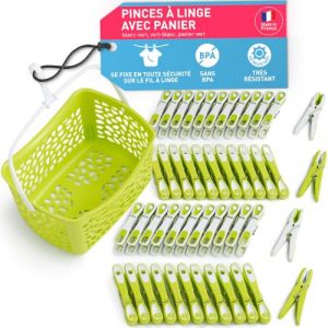 culiclean Pince a Linge Soft Clips Eco – Panier Pince a Linge Exterieur – Panier Epingle a Linge – Fabriqué en France – Vert-Blanc avec Panier Vert – Lot de 48 Pinces + 1 Panier (ISC Brands, neuf)