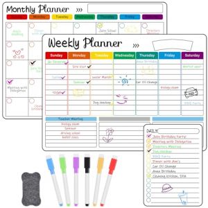 OFFCUP Calendrier Magn&eacute;tique pour Frigo, 3 Planning Magnetique, Tableau Blanc Mensuel Semainier Effa&ccedil;able, 6 Marqueurs et 1 Gomme pour Planification T&acirc;ches Menus Projets &Eacute;tudes Planificateur Repas (BEST-SELLER5, neuf)