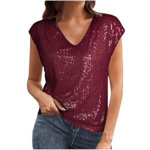 AEGJEGVD Haut Rouge Femme Chic Et Elegant &agrave; Paillettes Chemisier &Agrave; Paillettes Femme Disco Manche Longue Blouse Chic &Eacute;l&eacute;gant Printemps T Shirt Glitter Soir&eacute;e Disco Tunique D&eacute;contract&eacute; Tenue de Fete (⭐⭐⭐⭐⭐AEGJEGVD⭐⭐⭐⭐⭐, neuf)