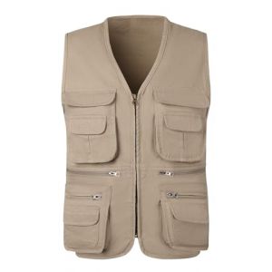 KTWOLEN Homme Gilet de Pêche en Coton Multi-Poches Gilet Sans Manches Veste Légère de Pêche Chasse Camping Gilet de Photographie, Beige, 4XL (KTWOLEN, neuf)