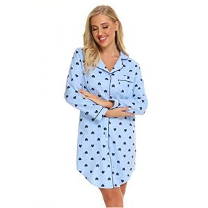 Misscoo Chemise de Nuit Femme en Coton à Manches Longues,Pyjama Femme Hiver en Flanelle, Vêtements de Nuit Boutonnée Devant,Grandes Tailles-Taille S-Bleu (KuNhong, neuf)