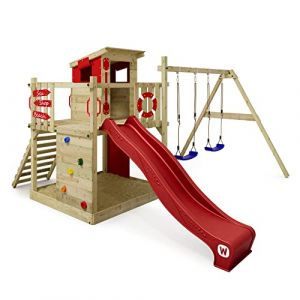 WICKEY Aire de Jeux Smart Camp portique en Bois avec balan&ccedil;oire et Toboggan Rouge, Tour d'escalade pour Enfants avec bac &agrave; Sable, &eacute;chelle et Accessoires de Jeu pour Le Jardin. (WICKEY, neuf)