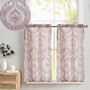 TOPICK Lot de 2 Rideau 65 x 60cm (L x H) Cuisine Imprimé Rameau d'Olivier Lin Violet Rideau Vintage avec Motif Oriental Brise-Bise Petit Décoration de Fenêtre Café Salon Chambre (Audrey Home Fashion, neuf)