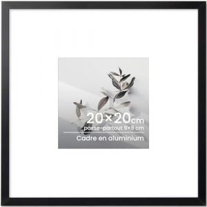 Cadre photo 20x20 Noir, en aluminium carr&eacute;, avec verre tremp&eacute;, pour photos de 20x20 cm sans passe-partout ou de 9x9 cm avec passe-partout, cadre m&eacute;tallique fin pour &oelig;uvres d'art et affiches (Feihorrm-FR, neuf)