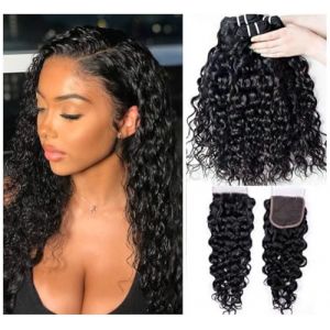 Vanmast Tissage Bresilien Bouclés avec Closure Water Wave Bundles Human Hair Tissage Cheveux Humain Bresilien Curly en Lot Avec Closure Extension Cheveux Naturel Tissage en Lot 12 14 16+10 Pouce (Piaoran hair products company, neuf)