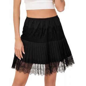 Vlazom Jupon Femme Courte Plissée Jupon sous Robe en Dentelle Ourlet Dentelle Délicat Couleur Unie Casual Élégante，Noir，L (Vlazom, neuf)