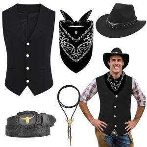Saier tbo 5 Pi&egrave;ces Cowboy Costume Accessoires pour Hommes, Western Cowboy Fancy Dress Set avec Chapeau Gilet Bandana Bolo Boucle Ceinture Collier pour Carnaval Cosplay Fantaisie(Noir.L) (Qi ShiPengDeshop, neuf)