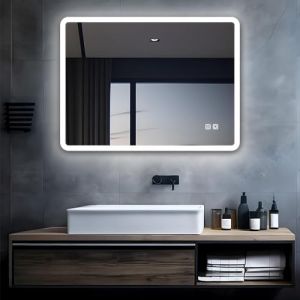 MIQU Miroir de salle de bain à LED - Avec éclairage - 80 x 60 cm - Grand miroir avec 2 touches - Intensité variable - Lumière chaude et blanche - Anti-buée - Pour salle de bain, WC, couloir - Coins (MIQU PRODUKT GmbH, neuf)