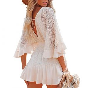 Geagodelia Robe Dentelle Femme Evid&eacute;e Col V Dos Nu Robe de Plage Vacances Blanche Sexy Courte &agrave; Manches 1/2 (Blanche, M) (xiqingluo, neuf)