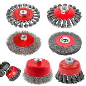 6 Pièces Brosse Métallique pour Perceuse Meuleuse D'angle, Brosse Conique pour Meuleuse D'angle avec Filetage M14, Brosse de Ponçage Roue en fil D'acier à Nœud Torsadé pour Dérouillage Polissage (XuanZhuYin, neuf)