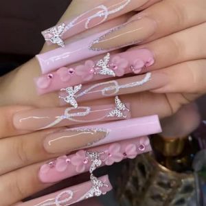 Faux ongles, ongles à presser Faux ongles longs en forme de cercueil avec colle, faux ongles marron portables avec strass, presse de Ballet, couverture complète(59) (zhangtingamz, neuf)