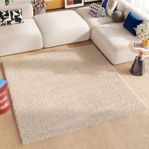 TAPISO Essence Carré Tapis Shaggy Poils Longs Moderne Beige Foncé Uni Tapis Salon Chambre Adulte Enfant Descente de Lit Moelleux Super Soft Epais Oeko-TEX 160 x 160 cm (TAPISO-FR, neuf)