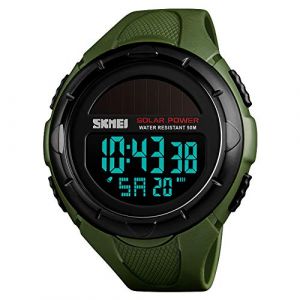Skmei Montre de sport num&eacute;rique solaire pour homme, &eacute;tanche &agrave; 50 m, grand cadran noir avec chronom&egrave;tre, alarme et LED r&eacute;sistante aux chocs 1.8*2*0.59 inch vert militaire (Carrie Montre Fran&ccedil;ais, neuf)