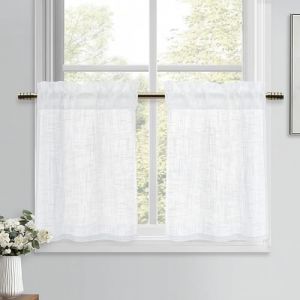 DWCN Petit Rideaux Court Cuisine Blanc 60 x 90 cm (H x l) Brise-bise Rideau Voilage Fenetre D&eacute;coration Int&eacute;rieure Moderne Semi-Transparent de Style Lin pour Evier Placard Fenetre Salon 2 Panneaux (DWCN EU, neuf)