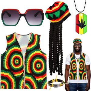 Saier tbo 5 Pi&egrave;ces Set Accessoires de D&eacute;guisement Rasta, Kit Costume Reggae Jama&iuml;caine avec Dreadlocks Perruque Gilet Tie-dye Lunettes Collier Bracelet Tress&eacute; pour Homme Femme Carnaval Cosplay F&ecirc;te (Qi ShiPengDeshop, neuf)