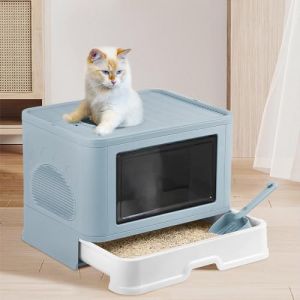 Bac à Litière pour Chat Grand Volume - 48.5 * 36.5 * 38cm Litière pour Chat Pliable en PP avec Care+Boîte de Rangement Bleu (Willanmd, neuf)