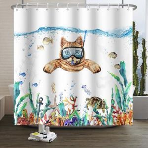 Xiaoterna Rideau de Douche Océan Bulle Rideau de Douche Vie Marine mer Profonde Rideau de Douche Chat Plongeur Poisson Rideau de Douche Tortue Tissu imperméable et Lavable en Machine 180x240cm (Xiaoterna Store, neuf)