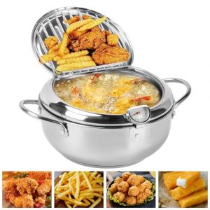 mumisuto Friteuse Japonaise Tempura Avec Thermom&egrave;Tre, Po&ecirc;Le &agrave; Frire Tempura, Friteuse Tempura Japonaise En Acier Inoxydable Avec Couvercle Et &eacute;Gouttoir &agrave; Huile Pour Frites Crevettes (Argent, 20CM) (Mairubo, neuf)