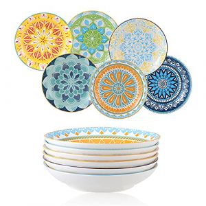 Assiettes Plates Assiette Creuse Porcelaine - Lot de 6 Assiette a Pates | Salade | Soupe | Dessert | Risotto - 680 ml - 20×4 cm (AHX-EU, neuf)