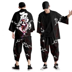 SUPTTING Ensemble kimono japonais traditionnel pour homme, pantalon large à manches trois-quarts, style asiatique, costume haori, vêtements décontractés pour homme, Style-i06 Noir, L (FAJEAL, neuf)