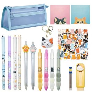 Joylio Ensemble de papeterie chat : stylos effaçables, stylos à encre gel, crayons mécaniques, mines de recharge, gomme rétractable, notes autocollantes, autocollants chat, porte-clés, livré avec une (Tian Kun UK Trading Ltd, neuf)