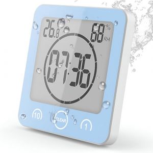 Horloge de Salle de Bain, Horloge de Douche Contrôle Tactile étanche, Alarme Numérique LCD, Thermomètre Hygromètre, Minuterie de Compte à Rebours, Alimenté par Pile, pour Maquillage Cuisine (Bleu) (BSDZ, neuf)