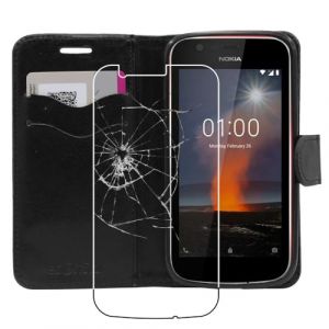 ebestStar - Coque Compatible avec Nokia Nokia 1 Etui PU Cuir Housse Portefeuille Porte-Cartes Support Stand, Noir + Film Protection écran Verre Trempé [Appareil: 133.6 x 67.8 x 9.5mm, 4.5''] (ebestPro-fr, neuf)
