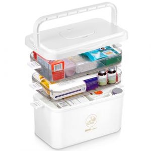 MICHIHOMIE 3 &Eacute;tages Boite Pharmacie, Boite Medicaments Rangement, Pharmacie Rangement Avec Plateau Amovible, Grande Bo&icirc;te &Agrave; M&eacute;dicaments Avec Petit Pot M&eacute;dicaments (Blanc) (MiJiStore, neuf)