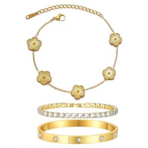 LIUYIDM Bracelet Trefle Bijoux 3 Pi&egrave;ces en Tr&egrave;fle &agrave; Cinq Feuilles Dor&eacute;s Bracelets Trefles Accessoires &eacute;l&eacute;gants Trefle a 4 Feuilles Bijoux, Cadeau Symbole Porte-Bonheur Anniversaires Or(Avec bo&icirc;te) (LIUYIKJ, neuf)