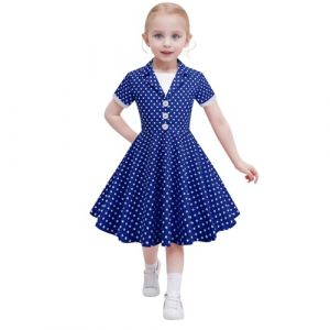 Robe pour fille - Belle robe d&eacute;contract&eacute;e tendance - Manches courtes - Robe vintage &agrave; pois pour enfants - Style ann&eacute;es 50 - Pour filles - Robe de mariage, rentr&eacute;e des classes, Marine, 3-4 ans (OUAjgsod, neuf)