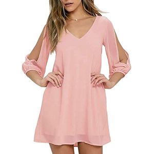 Brosloth Robe Femme Chic et &Egrave;l&eacute;gante, Jupe D'&eacute;t&eacute; Casual en Mousseline &agrave; &Eacute;paules D&eacute;nud&eacute;es, RobeBoh&egrave;mes Taille Haute &agrave; Manches Longues, Mini Col V Robe de Cocktail Rose XL (Broslooth, neuf)