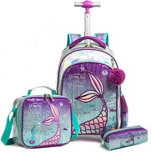 Egchescebo Sac &agrave; Dos a Roulette Pour Enfant Fille D'&eacute;cole Sir&egrave;ne Scolaires Cartables et Trousses Grande Capacit&eacute; avec Cartable Ecole Primaire Chariot pour Cartable de Voyage Valise 17" Violet (Egchescebo EUR, neuf)
