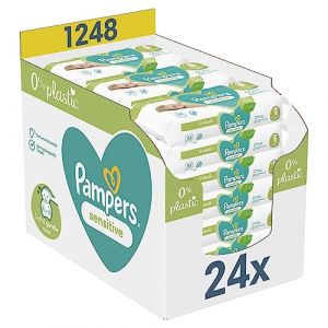 Pampers Lingettes Bébé Sensitive 0%, 1248 Lingettes (Lot de 24x52), Sans Parfum ni Alcool, Fibres d'origine végétale et 0% de Plastique, Testée Dermatologiquement, Convient aux Nouveau-nés (Stocksales, neuf)