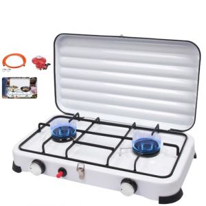 Réchaud Gaz GPL Camping Portable 2 Feux 4,4kW - Allumage Automatique, Tuyau PVC 150 cm + Régulateur 37 mbar - Réchaud Extérieur Couvercle Amovible pour Randonnée, Pêche, Pique-Nique (Gutaxlu, neuf)
