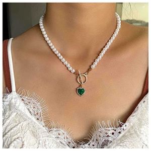 Cimenexe Collier Coeur Émeraude De Bohème Collier Choker En Perles Vintage Collier Pendentif Coeur Cz Vert Collier Fermoir Toggle Collier Choker Bijoux Pour Femmes Et Filles (Cimenexe, neuf)