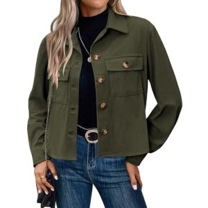 Hotouch Veste Femme Velours Côtelé Blouson Bombers Automne Décontracté Courte Veste Chic Button Down Jacket Vert L (Hotouch Store, neuf)