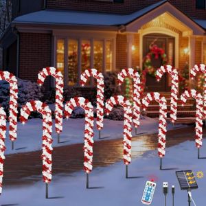 VEEKAY Lot de 12 Noël Canne Lumières,8 Modes Scintillants,Canne à Sucre de Noël Feux Balisage Chemin,Marqueurs de Chemin de Noël - LED,Lumières de Noël en Sucre d'orge,Cannes Dorge Solaires LED (GOODMIAD, neuf)