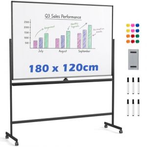 COSTWAY Tableau Blanc Effacable sur Pied 180 x 120 cm, Double Face, Tableau Blanc Roulette, 2 Hauteurs R&eacute;glables, Cadre en Alu M&eacute;tal, 10 Aimants, Whiteboard Magnetique pour &Eacute;cole Bureau Maison(Noir) (FDS GmbH, neuf)