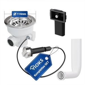 VIOKS Bonde à tamis - Diamètre : 114 mm - Avec commande rotative et trop-plein - Panier à tamis - Valve à poussoir en plastique pour évier de cuisine (vioks-de, neuf)